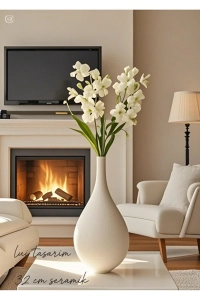 Krem Vazo Seramik El Yapımı 32 Cm